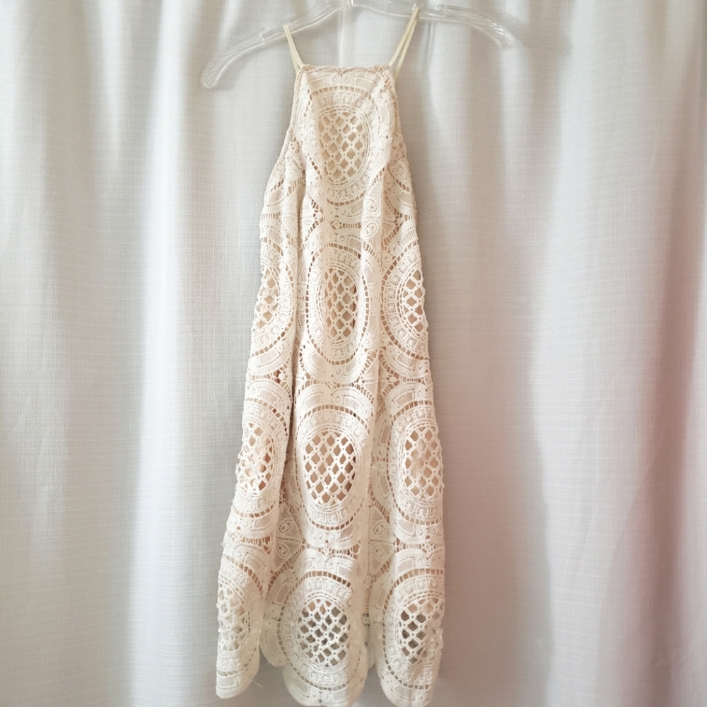 Small Apeach Cream Nude Crochet Lace High Neck Mini Dress